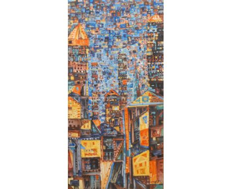 Hugh (Expressionist School, 20th century) Cityscape at Night signed, oil on tiles, 32cm x 16cm