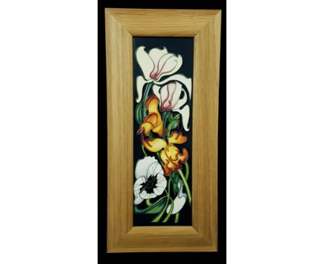Emma Bossons for Moorcroft Pottery - Miss Alice pattern tile plaque, dated 2005, framed in oak by The Art Studio, 30.5 x 9cm 