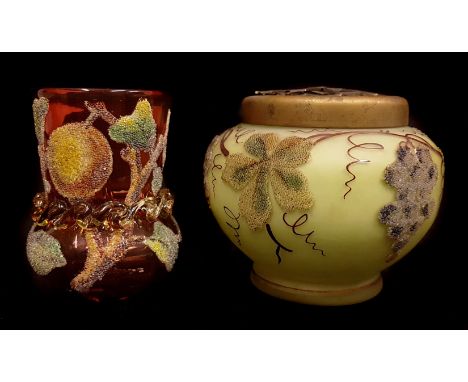 A coraline glass vase, the graduated ruby to amber glass decorated with fruiting branches, marked W L patent and a similarly 