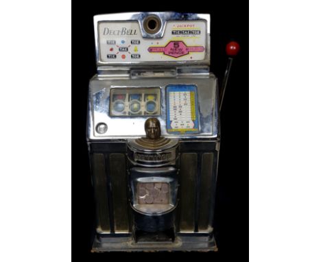 A vintage O.D Jennings 'Deci-Bell Tic-Tac-Toe Jackpot' slot machine, Indian head, converted to take modern 10p pieces, full w