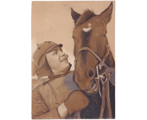 [Soviet. Retouche for official publishing]. Photype (?). “Red Army soldier with the horse”. - 1940s. 23,8x17 cm.  Paper, prin