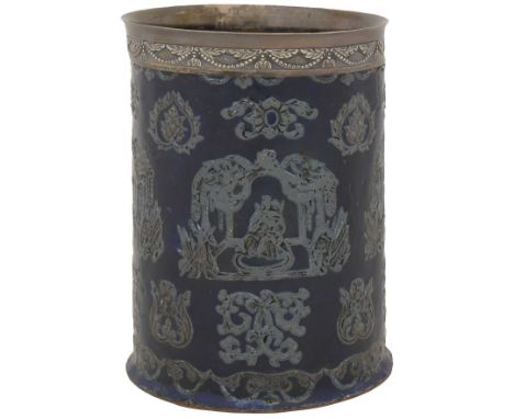 Pencil holder with ornamental and figurative decor. - Europe, 19th cent. - 15x11 cm.  Brass; casting, minting, enamel.   Cond