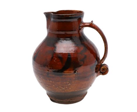 EARLY ST IVES STUDIO POTTERY JUG - SLIPWARE. Possibly by Michael Cardew and circa 1920's/30's, the stoneware jug with a brown