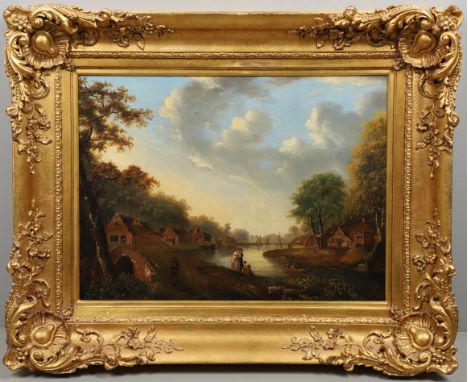 JULIUS CAESAR IBBETSON (1759-1817). Follower of. FIGURES AT A RURAL RIVERSIDE VILLAGE. Oil on canvas 44 x 60cm. *CR Lined; so