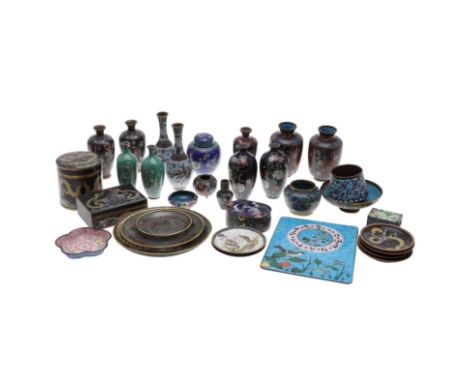 COLLECTION OF JAPANESE CLOISONNE. A large mixed lot including a small pair of vases designed with flowers on a green ground (