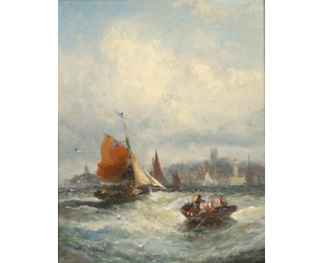 WILLIAM ANSLOW THORNLEY (FL.1858-1898). FISHING BOATS IN CHOPPY WATERS OFF A TOWN. Signed indistinctly, oil on canvas 24.5 x 