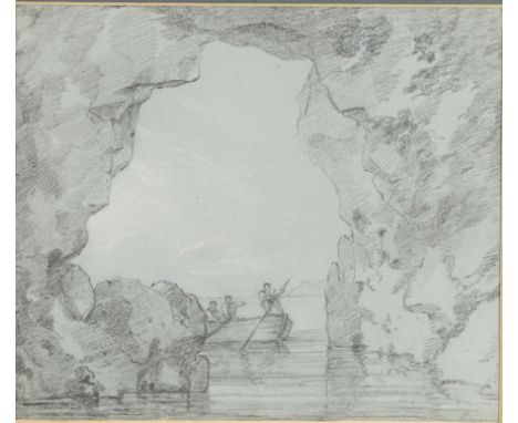 SIR GEORGE HOWLAND BEAUMONT, BT. (1753-1827). A CAVE NEAR CONWAY. Black crayon and white chalk on pale blue paper 22.5 x 26.5