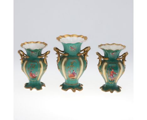 H &amp; R DANIEL - GARNITURE OF VASES. In the Chinese style, the twin handled vases painted with a single figure by a floweri