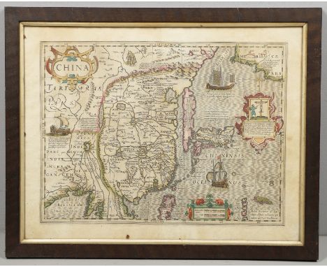 ANTIQUE FRAMED MAP OF CHINA. A vintage hand coloured map of China, mounted in an oak frame, bears date 1558. The frame with a