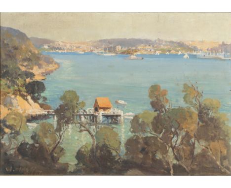 WILLIAM OATES (ENGLISH/AUSTRALIAN, 1862-1945). HARBOUR SCENE WITH A JETTY, VESSELS BEYOND. Signed and indistinctly dated, wit