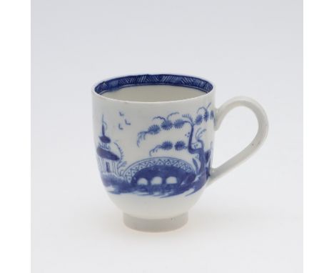18THC CAUGHLEY COFFEE CUP - BRIDGE &amp; WINDMILL. A porcelain coffee cup painted in underglaze blue in the Bridge and Windmi