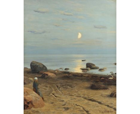 OSKAR ADOLFOVITCH HOFFMANN (RUSSIAN, 1851-1912). MOONLIGHT ON THE SHORE. Signed in Cyrillic and dated `83` or `85`, oil on ca
