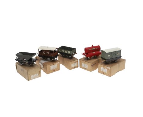 EARLY HORNBY MECCANO 0 GAUGE BOXED WAGONS. Five wagons in original boxes, including GNR Brake Van, Hopper Wagon, LNWR Wagon, 