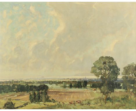 GODWIN BENNETT (1888-1950). ABOVE CHICHESTER, SUSSEX. Signed, handwritten artist's label on the frame, oil on canvas 39.5 x 4