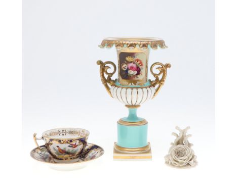 GRAINGER LEE &amp; CO WORCESTER PEDESTAL VASE, BELLEEK MENU HOLDER &amp; ENGLISH CUP &amp; SAUCER. Circa 1812-1839, the campa