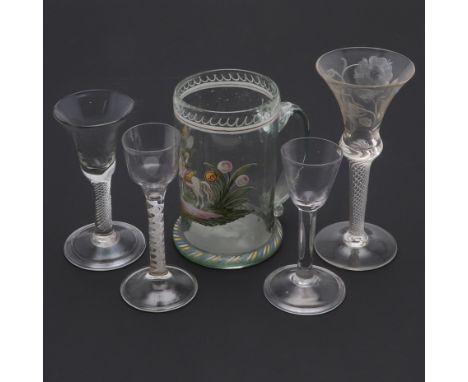 18THC ENGLSH WINE GLASS &amp; OTHER ANTIQUE GLASSES. A 18thc wine glass with bell shaped bowl, with spiral stem and folded fo