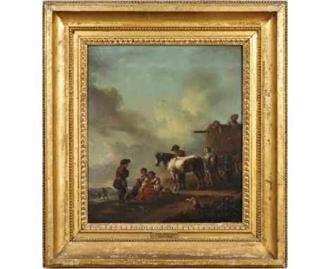 PHILIPS WOUWERMAN (1619-1668). Follower of. A RUSTIC FAMILY WITH HORSES BY A HAYCART. Oil on canvas 38.5 x 33.5cm. *CR Lined;