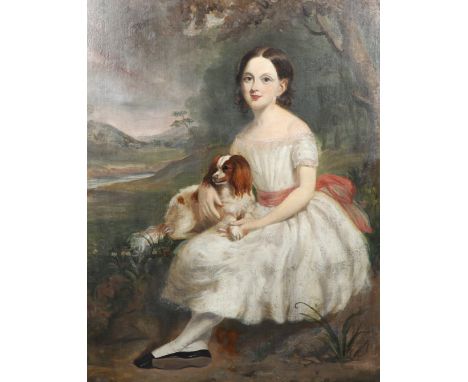 WILLIAM EDWARD FROST, RA (1810-1877). Follower of. PORTRAIT OF A GIRL WITH HER PET SPANIEL. The girl seated full length, wear