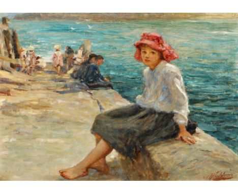 ROBERT JOBLING (1841-1923). WAITING ON THE QUAY. Signed, oil on canvasboard 24.5 x 34cm. *CR Good condition; the paint thinly