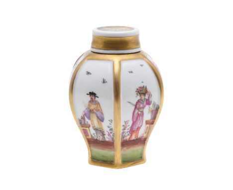 DRESDEN PORCELAIN TEA CANNISTER. A Dresden tea cannister in the Meissen Hausmalerei style, of hexagonal form the chinoiserie 