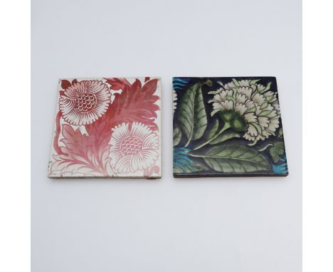 WILLIAM DE MORGAN TILES - SANDS END. Including a ruby lustre tile with floral design, also with another De Morgan tile, also 