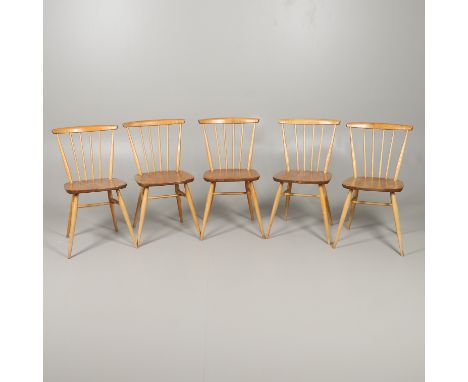 SET OF ERCOL VINTAGE STICK BACK CHAIRS. A set of five Ercol light elm and beech stick back chairs, each stamped underneath '1