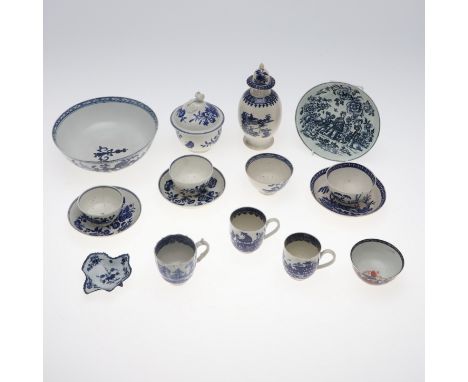 COLLECTION OF 18THC ENGLISH BLUE &amp; WHITE PORCELAIN. A mixed lot including a Liverpool Chaffers bowl (20cms dia, chips to 