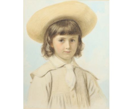 EDWARD TAYLER (1828-1906). PORTRAIT OF A CHILD. Bust length, wearing a smock and cravat and a straw hat, signed and dated 188