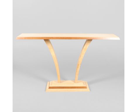 MARCUS WHITE OF DORSET - CONTEMPORARY CONSOLE TABLE. The rectangular shaped top made in fiddle back sycamore and edged with a