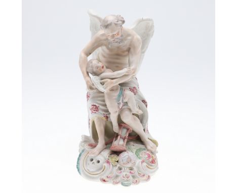 EARLY DERBY PORCELAIN FIGURE - 'TIME CLIPPING CUPID'S WINGS'. A figure of 'Time clipping cupids wings', an allegorical figure