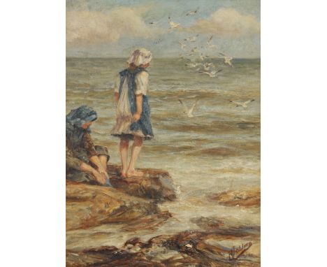 ROBERT JOBLING (1841-1923). GIRLS AND GULLS ON A ROCKY SHORE. Signed, oil on canvas 40 x 29.5cm. *CR Some very slight craquel