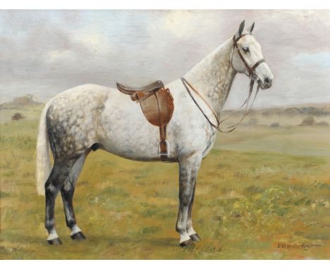 FRANCES MABEL HOLLAMS (1877-1963). TAFFY, A SADDLED DAPPLED GREY IN A FIELD. (d) Signed, oil on panel 30 x 40cm.  Provenance: