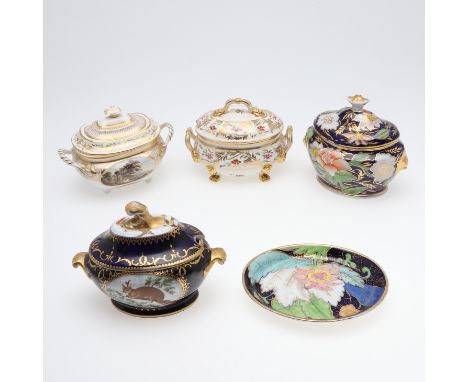 19THC LIDDED SUCRIER - BEWICK STUDIES OF QUADRUPEDS, DERBY SUCRIERS & ANOTHER. Including an oval shaped sucrier, painted with