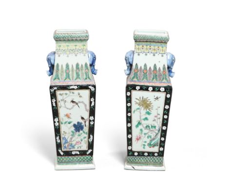 PAIR OF CHINESE FAMILLE NOIR PORCELAIN VASES - ELEPHANT MASK HANDLES. Late 19thc of square tapering form, the front and rever