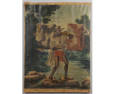 MADAGASCAN SCHOOL, 20TH CENTURY. A LADEN PORTER CROSSING A RIVER. Signed `Guillaume....` (the surname indistinct), dated 1911