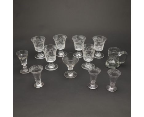 SET OF ANTIQUE WINE GLASSES &amp; OTHER ANTIQUE GLASSES. A set of six glass glasses, the bowls etched with leaves and with a 