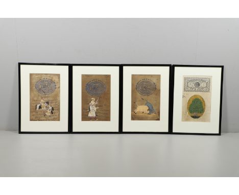 INDIAN INTEREST - THREE UNUSUAL FRAMED PAINTINGS ON COURT FEE DOCUMENTS &amp; BANK NOTE. Three Court Fee Documents from the J
