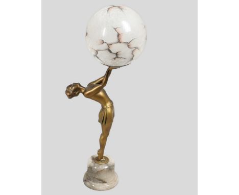 ART DECO FIGURAL LAMP &amp; SHADE. A spelter table lamp in the form of lady balanced on tip toes, the figure mounted on a sto