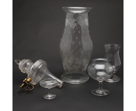 ANTIQUE GLASS ITEMS - INCLUDING LEECH JAR, GAS LAMP, STORM LAMP SHADE &amp; OTHER ITEMS. A mixed lot including an interesting