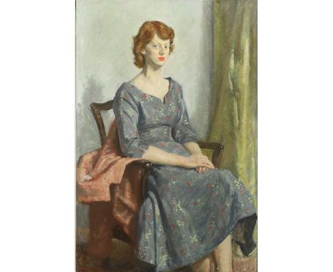 PATRICK EDWARD PHILLIPS (1907-1976). `PRUE`. (d) Seated, almost full length, wearing a floral patterned grey dress, signed an