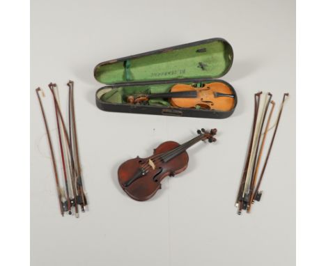 ANTIQUE VIOLINS &amp; VIOLIN BOWS - INCLUDING VIOLIN BY F JONES, BATTERSEA. Including a 3/4 size dark stained violin with one