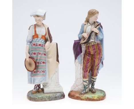 PAIR OF LARGE FRENCH PORCELAIN FIGURES. Possibly by Limoges, a pair of figures of a lady and gent holding instruments and rec