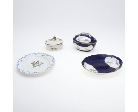 SEVRES LIDDED SUCRIER &amp; DISH, &amp; CONTINENTAL CERAMICS. The lidded sucrier painted with panels of birds on a blue groun