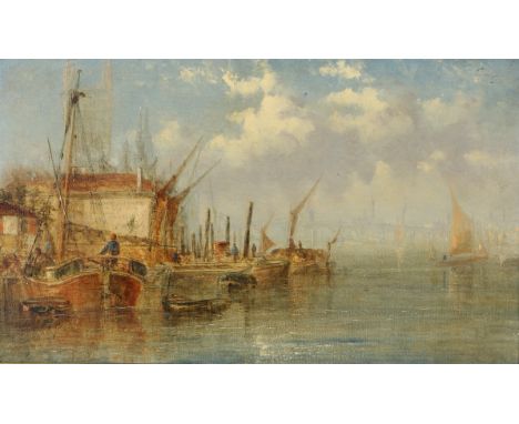 ALFRED POLLENTINE (1836-1890). His circle. HORSEFERRY WHARF, LONDON. Oil and pencil on canvas 29 x 49.5cm. *CR The paint a li