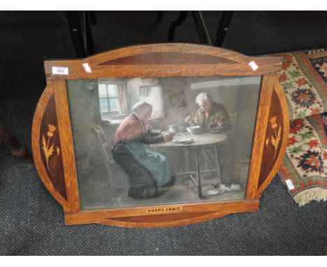 A print after Dobson, cottage interior with marquetry frame of Scottish Burns Grace design