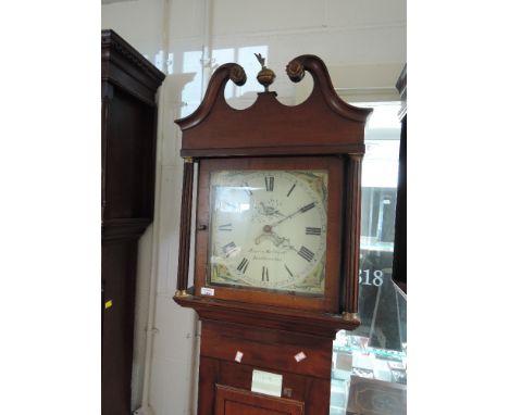 A 19th century and later mahogany longcase clock having swan neck and pillar hood, containing square painted and 30 hour move