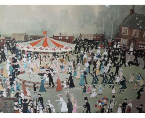 A print after Helen Bradley, The Fair at Daisy Nook, signed, 21in x 30in
