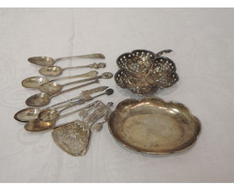 A selection of HM silver including two trinket dishes, a Dutch caddy spoon and teaspoons