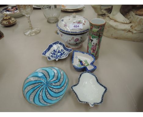 A selection of ceramics including Cantonese cylindrical vase, a 19th century blue and white pickle leaf dish and similar, Ven