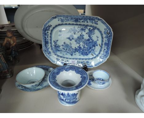 A late 18th century blue and white Chinese platter having pictorial landscape decoration, 19th century blue and white tea bow